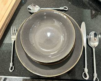 Threshold "Belmont Grey" 4 pc. Service for 5 shown with Gourmet Settings 'Twist" Coiled Silverware.