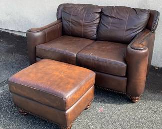 Brown Leather Loveseat And Ottoman