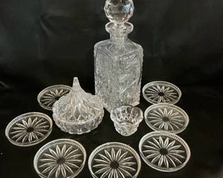 Crystal Decanter, Coasters, And Candy Dish