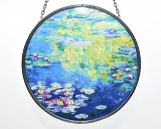 Glassmasters Stained Glass Sun Catcher, Water Lilies after Claude Monet, bearing signature 'Noa D. Monet 1908'
