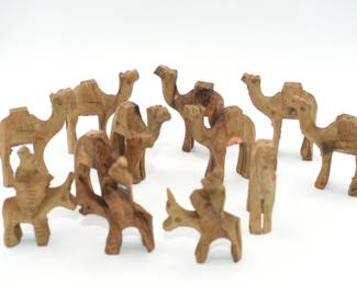A Group of Hand-Carved Olive Wood Nativity Camel Caravan Figurines
