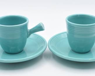 A Pair of Homer Laughlin Fiesta Ware Turquoise Stick Handle Demitasse Cups & Saucers
