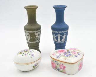 A Collection of Decorative Items, including Avon Wedgewood Style Vases and Porcelain Trinket Boxes
