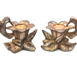 A Pair of Andrea By Sadek Brass Verdigris Hummingbird Flower Candle Holders
