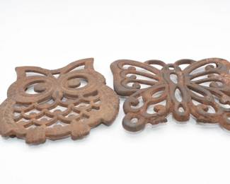 A Pair of Vintage Cast Iron Owl and Butterfly Trivets, USA
