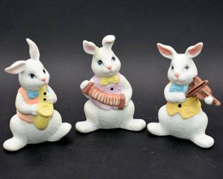 Three Glazed Ceramic Easter Rabbit Figurines Playing Musical Instruments
