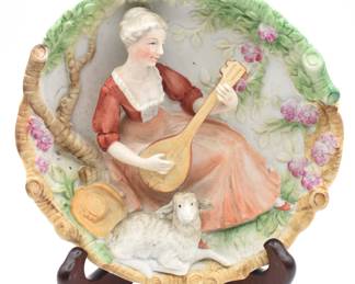 Victorian Style Hand-Painted Porcelain Relief Wall Plaque, Pastoral Scene with Lady and Lamb
