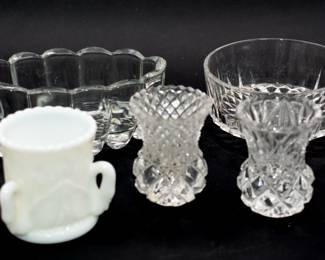 A Collection of Five Glass Objects, including a Pair of Lead Crystal Toothpick Holders, Two Clear Glass Bowls, and a Milk Glass Toothpick holder.
