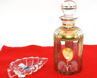 A Bohemian Gilt Enamel Perfume Bottle and a Crystal Industries 24% Lead Crystal Leaf Dish
