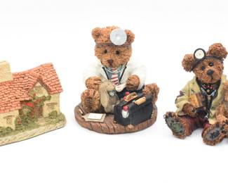 Three Collectible Figurines: David Winter 'Sussex Cottage', The Windsor Bears 'Dr. Jonathan Windsor', and Boyds Bears 'Dr. Harrison Griz'
