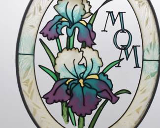 Contemporary Oval Stained Glass Style Suncatcher with Hand-Painted Iris and 'MOM' Inscription

