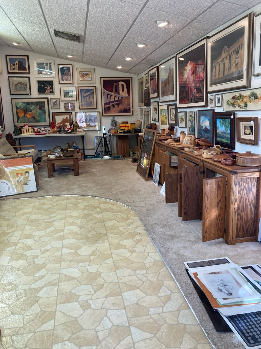Art Studio and woodworker's hand made bowls, Oak cabinets, posters, unframed art