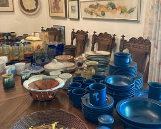 Pfaltzgraff Cobalt Blue dinner ware, hand made cork screws and wine stoppers, stoneware, glassware, art