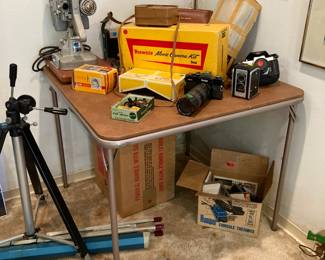 Cameras, tri pods, movie screen