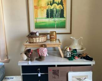 Watercolor and pen and ink drawings "Crede Suite" black & white dresser, bed tray, stuffed animals