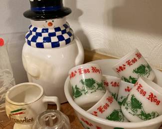 Snowman Cookie Jar, Egg Nog cups and serving bowl