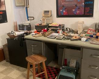 Office desk, Office supplies, vintage telephones, magnifying glasses