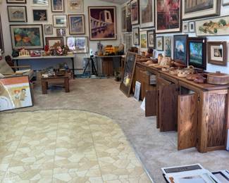 Art Studio and woodworker's hand made bowls, Oak cabinets, posters, unframed art