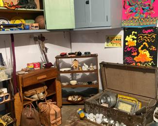 Bowling balls, ashtray collection, light bulbs trunk, shelves, 1970's posters