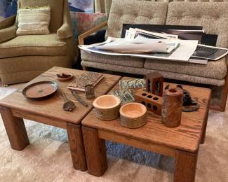 Loveseat, lounge chair, oak side tables, hand made wood items by 101 yr old Del Fischer