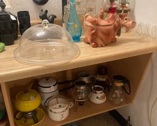 Cow Cookie Jar, cake plate, lanterns, fondue pots, coffee and tea kettles, Decanters
