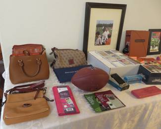 Handbags, Bob Lilly autographed football, sports cards