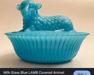 Blue milk glass dish with lamb lid