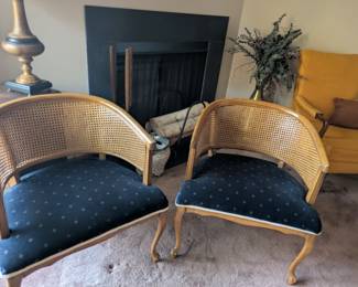 Two Mid Century Modern Barrel Back Cane Upholstered Occasional Chairs