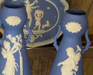 Blue Wedgewood Jasperware Pieces Two Vases and Plate