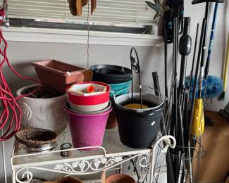 Wrought Iron white tea cart, flowerpots
