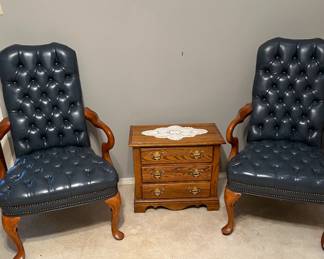 Navy Blue Leather Queen Anne armchairs, Broyhill Oak 3-drawer bedside table