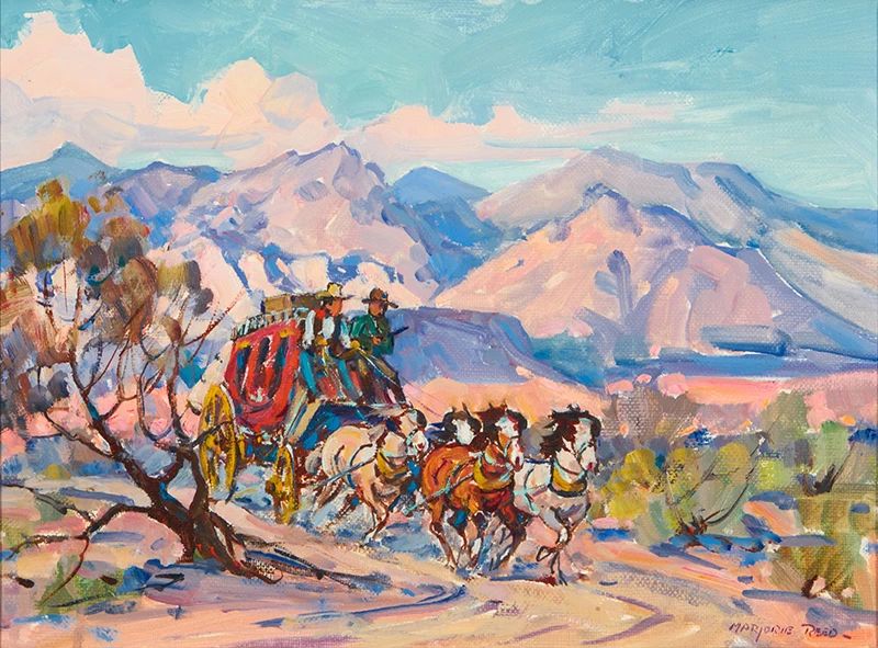 3001
Marjorie Reed
(1915-1996)
"Sunset on the Old Stage Trail"
Oil on canvasboard
Signed lower right: Marjorie Reed; signed again and titled in ink on a label affixed verso
9" H x 12" W
Estimate: $800 - $1,200