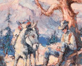 3011
Hans Ressdorf
(1918-2011)
Cowboy and packhorse at rest
Oil on canvas
Signed lower left: HRessdorf
20" H x 16" W
Estimate: $800 - $1,200