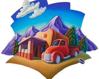 3091
Michael Baum
(b. 1950)
"Backroad Service"
Acrylic on three shaped and layered panels
Signed lower left of the middle panel: M. Baum; signed again, dated "©2000," and inscribed #620," all verso; titled on the sales invoice
34.75" H x 40.5" W x 3" D (irreg.)
Estimate: $800 - $1,200