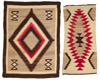 3285
Two Navajo textiles
Early/mid-20th century, Diné
Comprising a small rug woven in grey, brown, cream and red wool with central serrated diamonds and floating diamond motifs to corners, as well as a smaller Gallup throw woven in red, grey, brown, and cream wool with a large central sawtooth diamond in red and half diamonds to corners
2 pieces
Larger: 43" H x 32" W; Smaller: 39" H x18" W
Estimate: $300 - $500