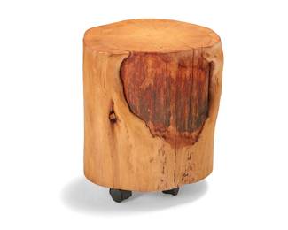 3168
A tree stump stool
Late 20th century
The lacquered live edge wood stump raised on plastic casters
19" H x 17.5" W x 15" D
Estimate: $600 - $800