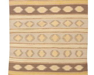 3277
A Navajo Chinle rug
Mid/Late 20th century, Diné
Woven in natural vegetal dye colors of pale brown, ochre, cream, and grey wool in alternating serrated diamond and stripe banded motifs
63" H x 45" W
Estimate: $200 - $400
