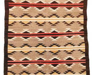 3225
A Navajo regional rug
Mid-20th century, Diné
With bands of stacked serrated diamonds, woven in red, cream, dark brown, natural brown, and ochre wool
60" H x 41" W
Estimate: $400 - $600