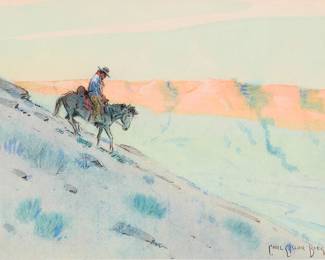 3126
Carl Oscar Borg
(1879-1947)
"On the South Rim Trail," circa 1935
Watercolor on paperboard
Signed lower right: Carl Oscar Borg.; titled and dated on the gallery label affixed to the frame's backing paper
6.75" H x 8.75" W
Estimate: $2,000 - $3,000