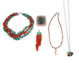 3397
A group of Southwest-style jewelry
Late 20th century
Each unmarked
Comprising a triple-strand turquoise and coral necklace (16" L), a single strand necklace of carved shell bird fetish bead and shell heishi spacers (18" L), and a multistone bear fetish pendant on a small paperclip-style chain (26" L x 1.25" H), as well as a large sterling silver square pendant with a large multi-colored bezel-set stone cabochon (2.5" H x 2.25" W), and a narrow red coral and turquoise dagger-style pendant (4.5" L x 1" H)
5 pieces
224.5 grams gross
Estimate: $300 - $500