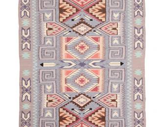 3254
A Betty Scott Navajo Teec Nos Pos rug
Betty Scott (b. 20th century, Diné)
Late 20th/21st century
Finely woven in pale lilac, grey, purple, pink, pale blue, orange, salmon, brown and cream wool with an elaborate central panel with multiple stepped diamonds and serrated edges, with feather motifs, floating hooked motifs, and x-form motifs to border
47" H x 37.5" W
Estimate: $600 - $900