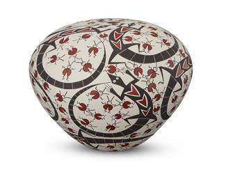 3355
Jolene Cerno (b. 20th century, Acoma Pueblo)
A polychrome pottery seed jar, circa 1992
Signed and dated to underside: Jolene Cerno / Acoma, N.M. / 11-'92
With red and black lizards and ladybugs on a white slip ground, above a puki indentation to underside
6.875" H x 8.875" Dia.
Estimate: $200 - $400