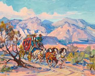 3001
Marjorie Reed
(1915-1996)
"Sunset on the Old Stage Trail"
Oil on canvasboard
Signed lower right: Marjorie Reed; signed again and titled in ink on a label affixed verso
9" H x 12" W
Estimate: $800 - $1,200