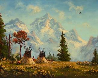 3020
Heinie Hartwig
(b. 1937)
"Grand Teton Encampment"
Oil on Masonite
With the incised signature lower left: Heinie Hartwig ©; titled verso
9" H x 14" W
Estimate: $700 - $900