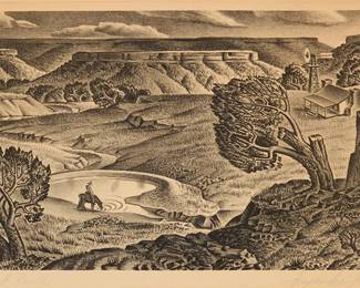 3122
Alexandre Hogue
(1898-1994)
"Cap Rock Ranch," 1945
Lithograph on wove paper
From the edition of 250
Signed and titled in pencil in the lower margin: Alexandre Hogue; titled on the publisher's label affixed to the frame's backing board; Associated American Artists, New York, NY, pub.
Image: 7" H x 11.875" W; Sheet: 11.875" H x 16" W
Estimate: $1,200 - $1,800