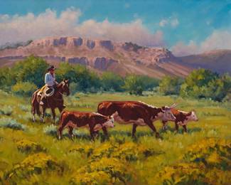 3006
Bill Neal
(b. 1942)
"An Extra Calf," 1996
Oil on canvas
Signed and with the artist's device lower right: © Bill Neal; signed again, titled, and dated, all verso
16" H x 20" W
Estimate: $300 - $500