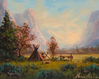 3019
Heinie Hartwig
(b. 1937)
"Campfire"
Oil on Masonite
With the incised signature lower right: Heinie Hartwig ©; titled on the frame's verso
4.875" H x 6.875" W
Estimate: $400 - $600