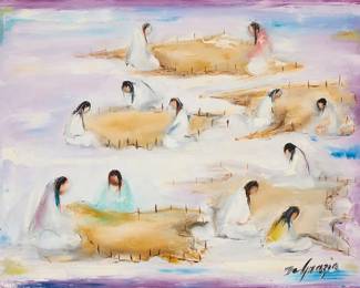 3044
Ted DeGrazia
(1909-1982)
"Indians Tan Hides," 1961
Oil on canvas
Signed lower right: DeGrazia; signed again and inscribed, verso: "The Life of Juan Galvan / Tucson Arizona / USA"; titled and dated on a label taped to the frame's verso
18" H x 24" W
Estimate: $1,000 - $1,500