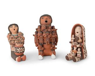 3416
A group of Southwest Pueblo pottery storyteller figures
Late 20th century
Three works:

Wilma Gachupin (b. 20th century, Jemez Pueblo)
A Jemez Pueblo polychrome pottery storyteller
Signed indistinctly to base: W. Gachupin / Jemez
With long hair, fifteen children and a pottery jar
7" H x 3.75" W x 6.5" D

Bertha Early (b. 20th century, Laguna Pueblo)
A Laguna Pueblo polychrome pottery storyteller
Signed to base: Bertha Early / Laguna Pue., NM
With five children, and holding a bowl, wearing a patterned blanket
7" H x 3.5" W x 5.25" D

A large Cochiti Pueblo polychrome pottery storyteller
Signed to base: N.S. / Hopi / Cochiti N. M
In dark red and black with thirteen children front and back
8.5" H x 5.75" W x 6.75" D

3 pieces total
Estimate: $300 - $500