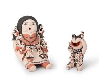 3413
Dorothy Herrera (b. 1970, Cochiti Pueblo)
Two Cochiti Pueblo polychrome pottery storyteller figures, late 20th/21st century
Each signed to base: Dorothy Herrera / Cochiti N. M.
Comprising a large seated storyteller with contrast black slip jewelry motifs, and eleven children and a smaller frog storyteller with four small frog figures and elaborate geometric motifs in black on white
2 pieces
Larger: 7.25" H x 5.75" W x 8.5" D; Smaller: 5.25" H x 3" W x 3.5" D
Estimate: $200 - $400